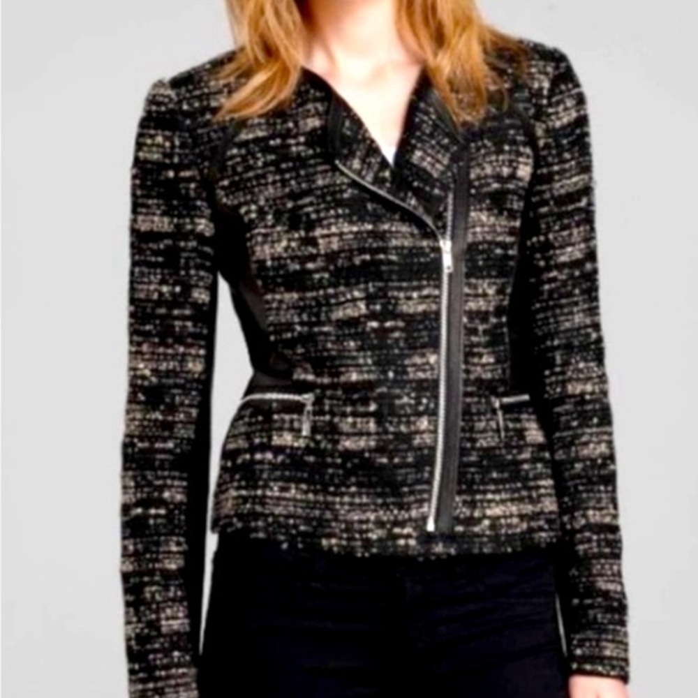 Rebecca Taylor Lamb Leather Tweed Moto Jacket size 6